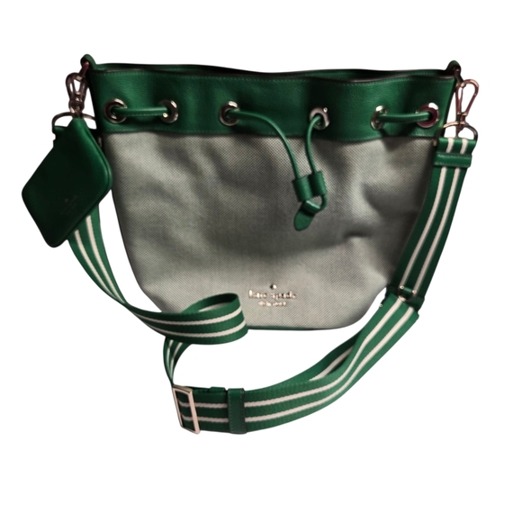 Kate Spade Green Apple Rosie Bucket Bag Pebbled Leather Canvas Crossbody Purse - Picture 9 of 12